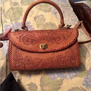 Kimchi Blue Tooled Leather Satchel in Cognac